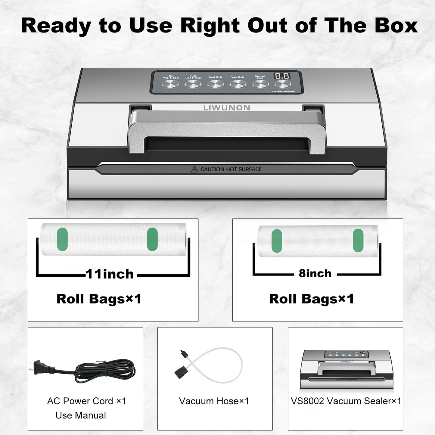 LIWUNON VS8002S Vacuum Sealer 6-in-1 Machine for Food Storage with Sealer Bags & Roll, Automatic Food Sealer for Sous Vide, Compact Design, LED Lights, Easy to Clean, Dry & Moist Modes (Stainless Steel)
