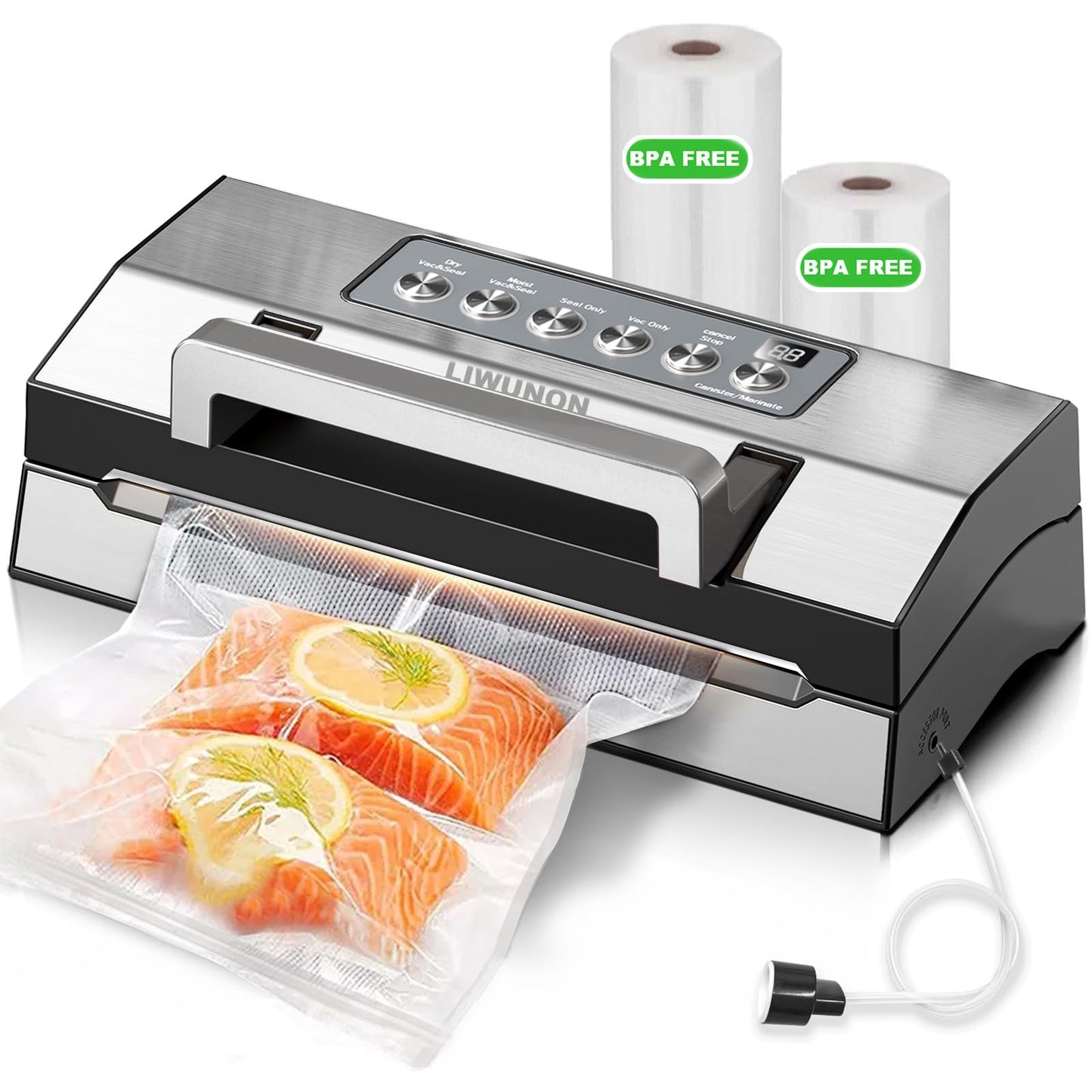 LIWUNON VS8002S Vacuum Sealer 6-in-1 Machine for Food Storage with Sealer Bags & Roll, Automatic Food Sealer for Sous Vide, Compact Design, LED Lights, Easy to Clean, Dry & Moist Modes (Stainless Steel)