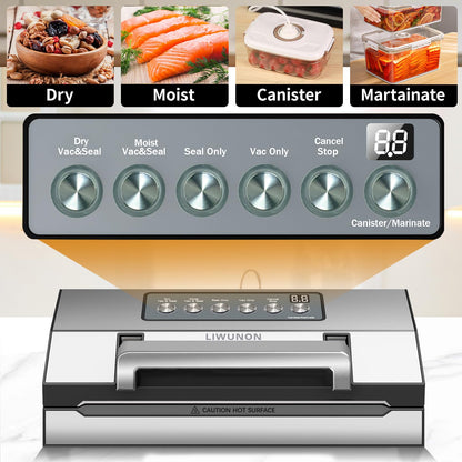LIWUNON VS8002S Vacuum Sealer 6-in-1 Machine for Food Storage with Sealer Bags & Roll, Automatic Food Sealer for Sous Vide, Compact Design, LED Lights, Easy to Clean, Dry & Moist Modes (Stainless Steel)