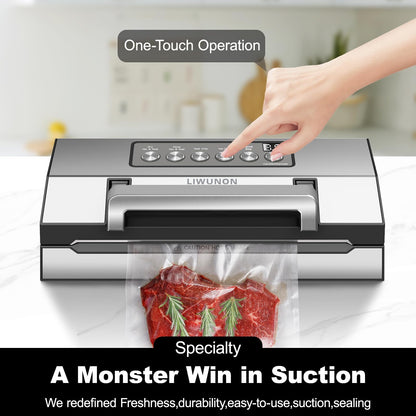 LIWUNON VS8002S Vacuum Sealer 6-in-1 Machine for Food Storage with Sealer Bags & Roll, Automatic Food Sealer for Sous Vide, Compact Design, LED Lights, Easy to Clean, Dry & Moist Modes (Stainless Steel)
