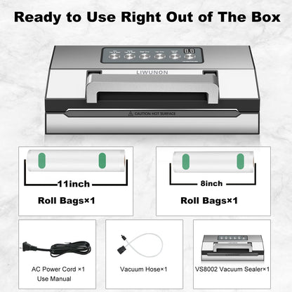 LIWUNON VS8002S Vacuum Sealer 6-in-1 Machine for Food Storage with Sealer Bags & Roll, Automatic Food Sealer for Sous Vide, Compact Design, LED Lights, Easy to Clean, Dry & Moist Modes (Stainless Steel)