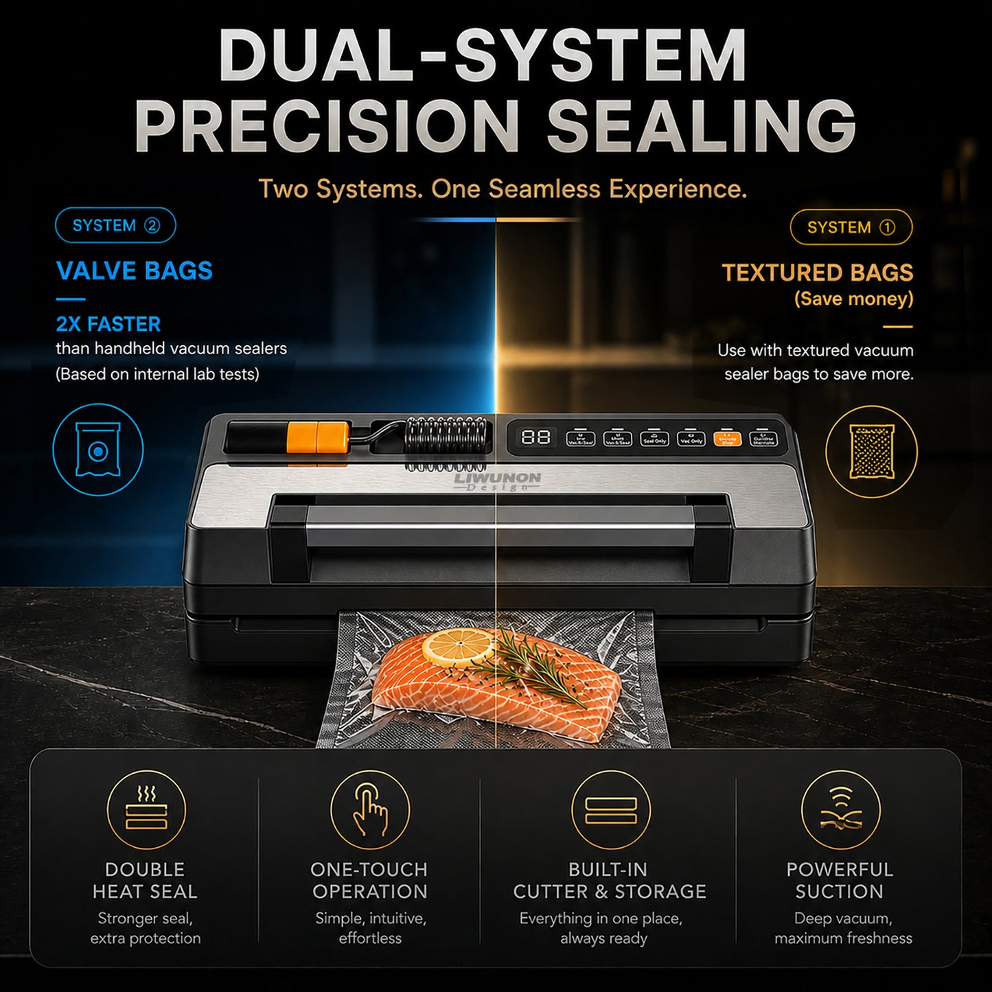LIWUNON Duo VS8003S Vacuum Sealer – Dual System, Designed as a complete vacuum system, it eliminates the need for separate tools by supporting both standard textured bags and reusable valve bags in one machine. More capability.No compromise. (Coming Soon)