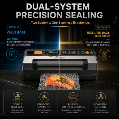 LIWUNON Duo VS8003S Vacuum Sealer – Dual System, Designed as a complete vacuum system, it eliminates the need for separate tools by supporting both standard textured bags and reusable valve bags in one machine. More capability.No compromise. (Coming Soon)