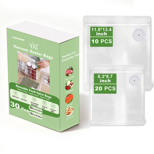 Reusable Vacuum Storage Bags with Air Valve, 30 Pack, 20 Small (8.3" x 8.7") &10 Large (11.8" x 13.4")